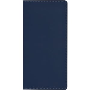 A navy blue notepad with a smooth cover featuring stitching and a logo.