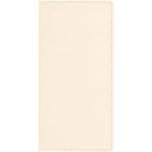 A beige notepad with a simple design and stitched edges. It has a branding logo on the front.