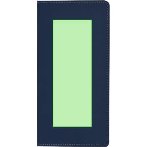 A navy blue notepad with a large green section on the front and visible stitching detailing. It features a logo.