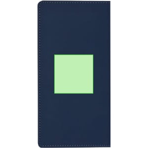 A navy blue notepad with a green square design on the cover, featuring stitching details and a logo.