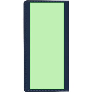 A notepad with a navy blue cover and lime green pages, featuring a simple design and a logo.