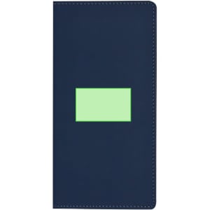A navy notepad featuring a green rectangular space, with stitching detail and a logo on the cover.