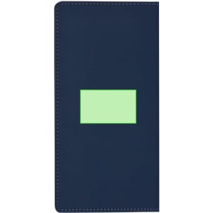 A navy blue notepad with a green rectangular section on the front. It has a stitching detail along the edges.