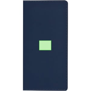A navy blue notepad with a simple green square design. It has a logo on the cover.