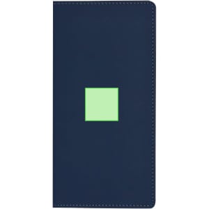A navy notepad with a textured cover and a small green square design, featuring a simple logo.