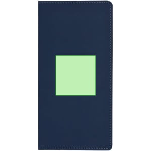 A navy notepad with a green square design on the front and a stitched edge. Features a logo.