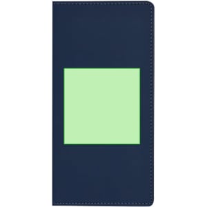A navy notepad with a green square section on the cover and a simple design. It features a logo branding.