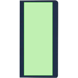 A notepad featuring a navy blue cover and a bright green inner page, with a logo on the front.