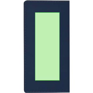 A navy notepad with a large, light green section in the centre and contrasting stitching. It features a logo.
