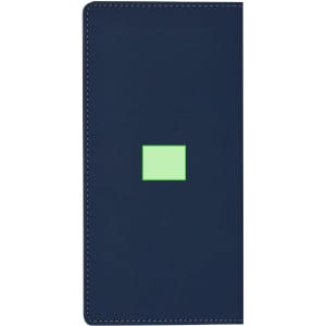 A dark blue notepad with a smooth cover featuring a small green square in the centre. It has visible stitching.