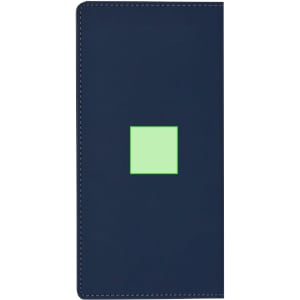 A navy blue notepad featuring a square design in a light green hue. Includes a branding logo.
