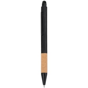 A black pen with a cork grip, featuring a clip and a black rubber top.