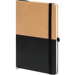 A cork and black leather notebook with an elastic band closure and a bookmark. It has a minimalist design and a logo.