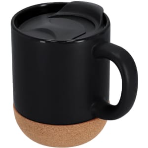 A black mug with a lid and a cork base, featuring a handle and a sleek design.