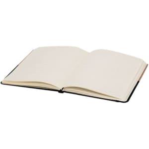 A black-bound notebook with lined pages, opened to showcase its empty interior.