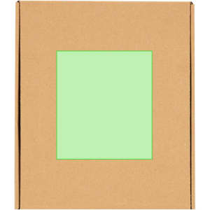 A cardboard box with a green window, designed for packaging stationery or gift items. Features a branding logo.
