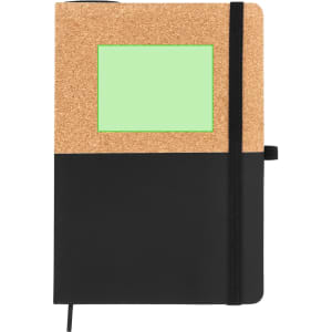 A cork and black notebook with a green insert, featuring a black elastic band for closure.
