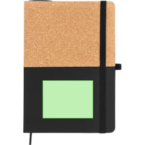 A cork and black notebook with an elastic band and a green section for notes. It features a logo on the cover.