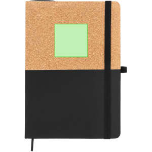 A cork and black notebook with a green sticky note area and an elastic band closure. It features a logo on the cover.