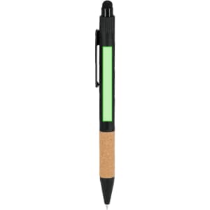 A black and cork pen with a green section, featuring a logo on the side.