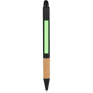 A black and cork pen featuring a green accents and a logo. Ideal for office or business use.