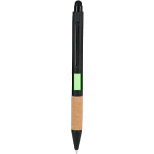 A black and cork pen featuring a green highlight, with a clip and a visible branding logo.