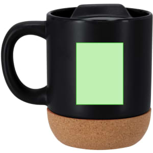 A black drink mug with a cork base and a blank area for customisation.