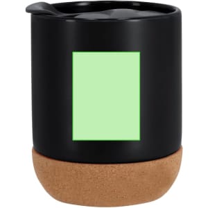 A black drink bottle with a cork base and a blank green area for customisation. Design includes a lid.