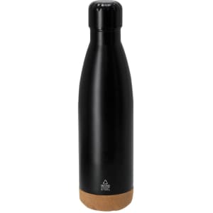 A black drink bottle with a cork base, featuring a logo at the bottom. Made of stainless steel.