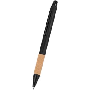 A black pen with a cork grip. It features a sleek design and has a branding logo on its side.