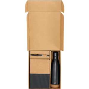 A drink bottle, notebook, and pen in a gift box; bottle is black, notebook has a cork cover.