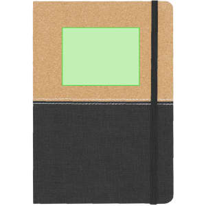A notebook featuring a cork cover and a black fabric bottom, with a placeholder for a label or image.