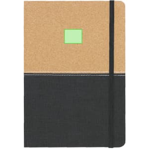 A notebook with a cork cover and a black lower section, featuring an elastic band and a placeholder for a label.