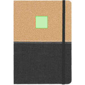 A cork and black notebook with a green sticky note section, featuring an elastic closure and contrasting stitching.