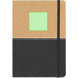A brown and black notebook with a textured cover, featuring a green square and an elastic band.