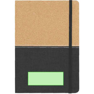 A notebook featuring a cork and black fabric cover, with an elastic band and a green label on the front.