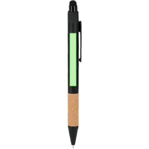 A black pen with a green accent and a cork grip, featuring a clip and a branding logo.