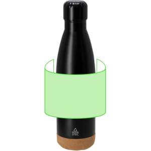 A black stainless steel drink bottle with a cork base, featuring a logo.
