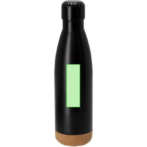 A black drink bottle with a cork base and a section for branding.