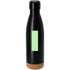 A black drink bottle with a cork base and a green label section, featuring a logo.