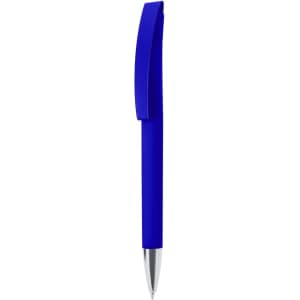 A blue metal pen with a sleek design and a shiny silver tip, featuring a clip for easy attachment.
