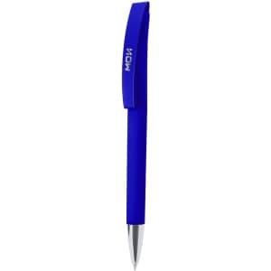 A blue metal pen with a sleek design and a branding logo on the clip.
