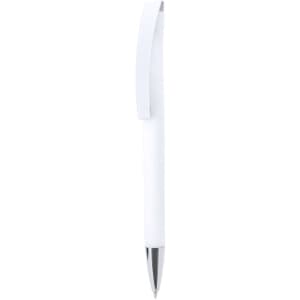 A metal pen in white with a silver tip, featuring a sleek design and a logo on the side.