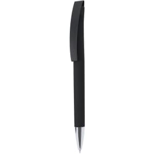 A black metal pen with a silver tip and a sleek design, featuring a clip at the top for convenience.