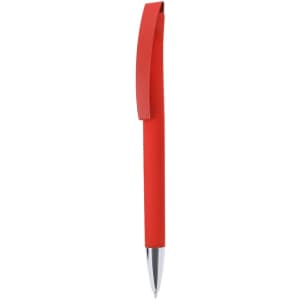 A red metal pen with a curved clip and shiny silver tip. The pen has a smooth, matte finish.