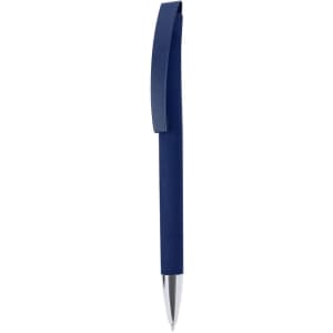 A metal pen in navy blue with a sleek design and a clip, featuring a silver tip.