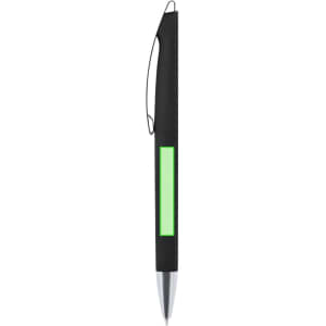A metal pen in black with a green accent and clip, featuring a logo on the side.