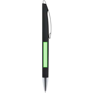 A metal pen in black with a green accent and a clip. It features a logo on the body.