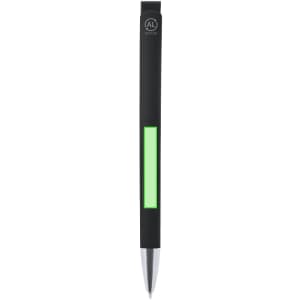 A metal pen in black with a green accent and a logo on the upper section.