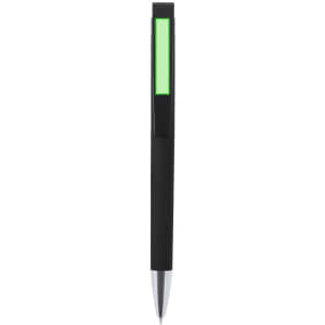 A black metal pen with a green accent and a silver tip. It features a branding logo.